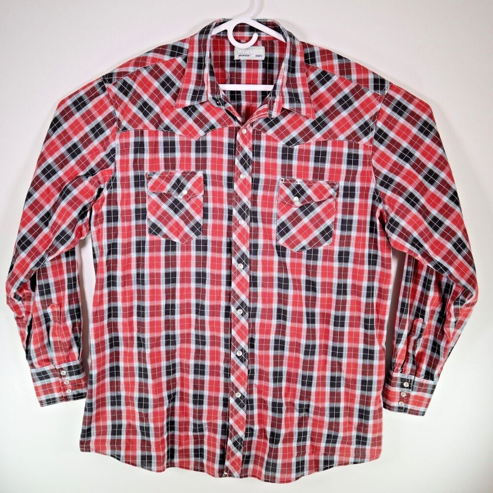 Wrangler Wrancher Mens 2XT 2XLT Red Black Blue Plaid LS Pearl Snap Shirt